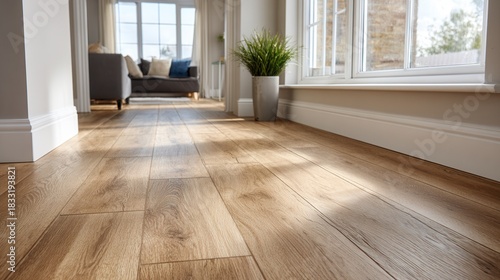 A spacious living room featuring wooden flooring, large windows, and a cozy sofa. The sunlight creates a warm and inviting atmosphere.