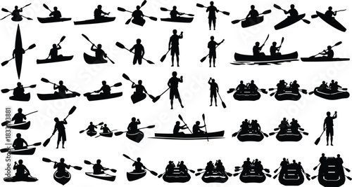 Water sport silhouette illustration set, kayaking canoeing rafting poses, black vector, outdoor adventure, paddling activity, river artwork