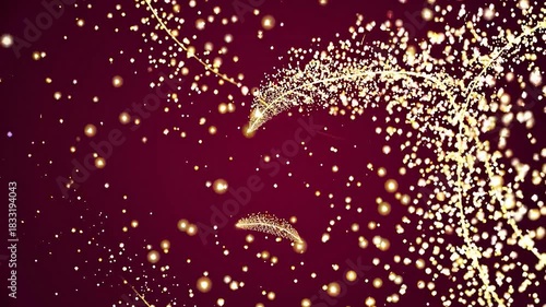 Abstract animation showing streams of glowing golden particles and bokeh lights swirling and flowing on a dark red background, creating magical feather like patterns and elegant trails