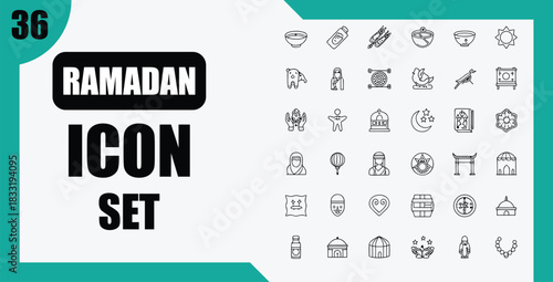 Ramadan icon set featuring various line icons on transparent background silhouette