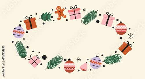 Festive holiday elements frame on a light cream background perfect for seasonal greeting cards or digital designs