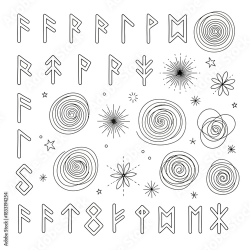Ancient Runes and Symbols in a Detailed Black and White Illustration.
