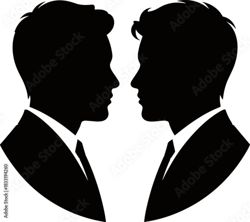 Black Vector Profile Silhouettes of Two Serious Businessmen in Suits Meeting Face-to-Face – Corporate Dialogue, Identity, and Opposition Concept Illustration