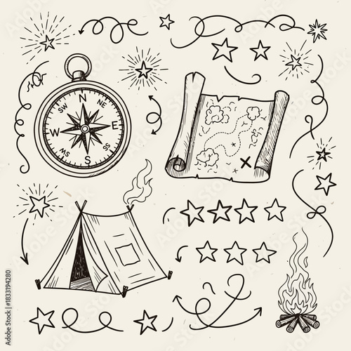 Adventure camping elements compass map tent campfire stars doodles.