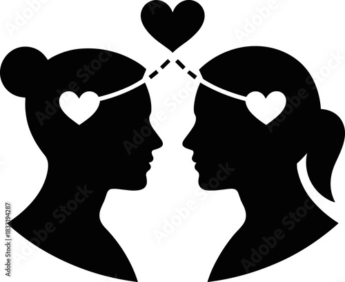 Mutual Love and Mental Connection Between Two Women Silhouettes Vector Icon: Symbolizing Telepathy, Shared Emotions, and Lesbian Romance in a Minimalist Style.