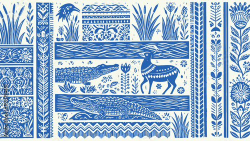 Illustration featuring crocodiles deer plants and water in a blue and white color scheme design art