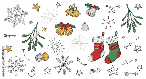 Christmas festive elements collection with stockings and ornaments.