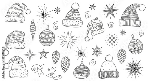 Christmas festive sketch collection of hats, ornaments, and stars.
