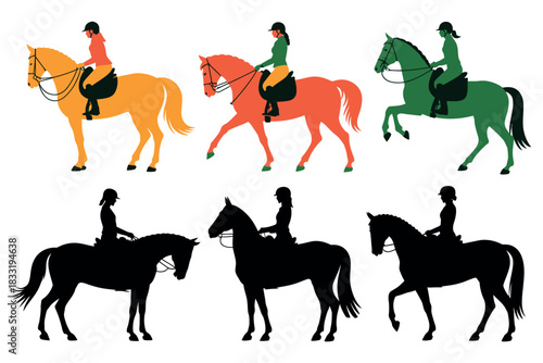 Illustration of horses with riders in different colors and black silhouettes