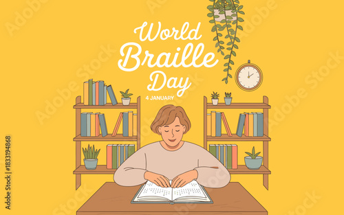 Illustration celebrating world braille day with a person reading a braille book at a desk surrounded by bookshelf and plant decoration on yellow background