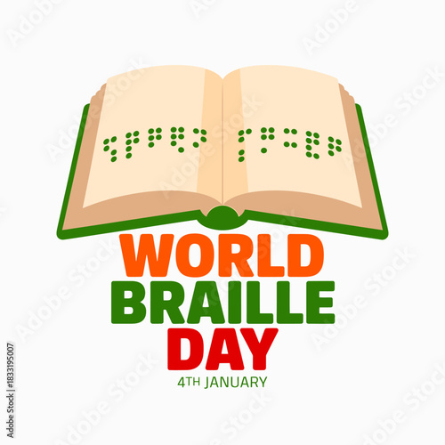 World braille day celebration graphic featuring an open book with braille text and bold text announcing the event on january fourth, isolated on