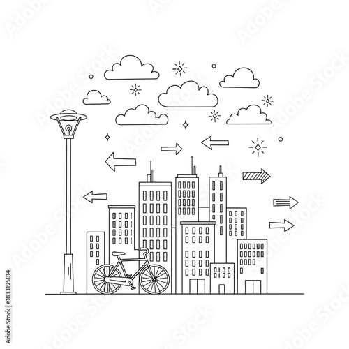 Cityscape with Bicycle and Arrows - Urban Commute Concept.