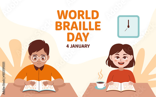 Illustration celebrating world braille day on 4 january with two children reading braille book at desk, concept of disability awareness and inclusion