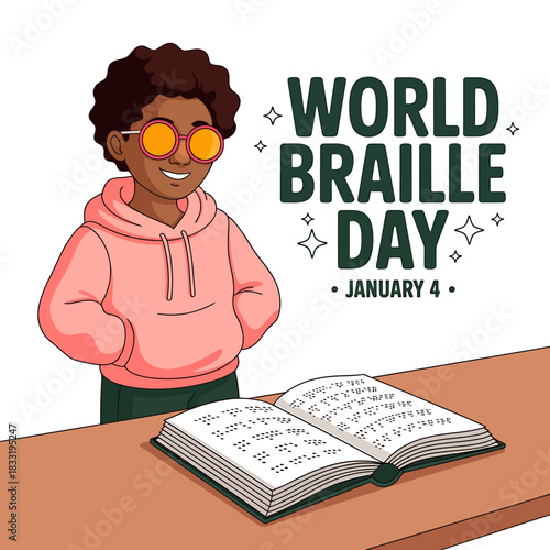 Young visually impaired boy wearing orange glasses reading an open book to celebrate world braille day on january 4th, isolated on