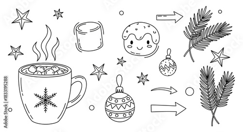 Cozy Winter Hot Chocolate and Festive Decorations Line Art.