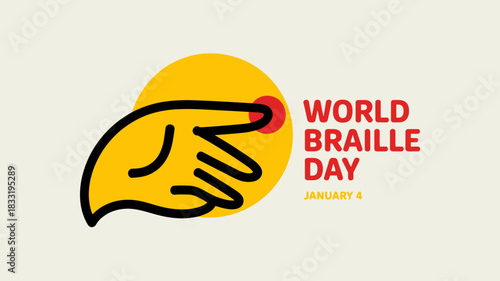 Graphic illustration for world braille day on january 4th featuring a stylized hand reading a braille dot against a yellow circle background