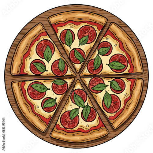 A delicious Margherita pizza sliced and arranged on a rustic wooden board viewed from above for culinary presentation