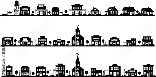 Western town silhouettes, vintage village buildings, saloon and church, old street layout, black illustration, historical architecture, storytelling design, rural scene