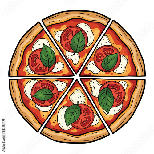 Vibrant hand-drawn Margherita pizza illustration with six perfect slices arranged for a captivating digital graphic design asset