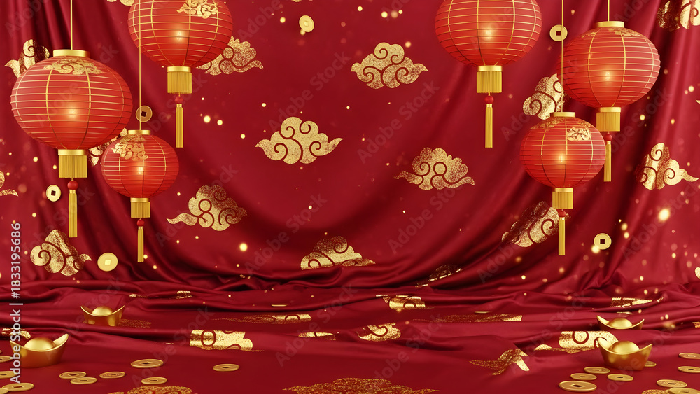 Fototapeta premium Festive Red Chinese New Year Backdrop with Lanterns, Gold Clouds, and Coins for Celebratory Occasions