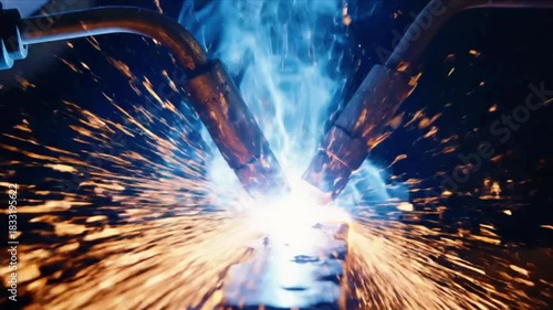 Closeup of intense electric arc welding with bright sparks flying