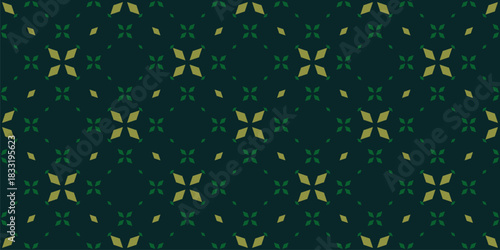Green floral seamless texture. Vintage geometric pattern with small flowers, petals, leaves, diamonds, grid. Simple vector abstract background in dark green tones. Repeated minimal design for print