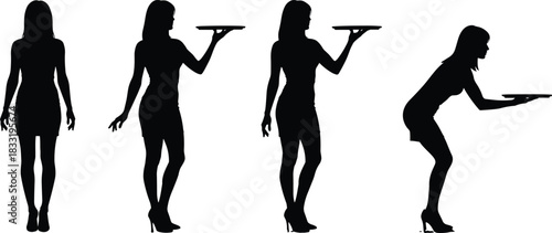Silhouettes of a waitress holding a serving tray in various poses, hospitality work, service industry, restaurant staff actions