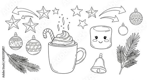 Festive Christmas elements illustration with hot chocolate and decorations.