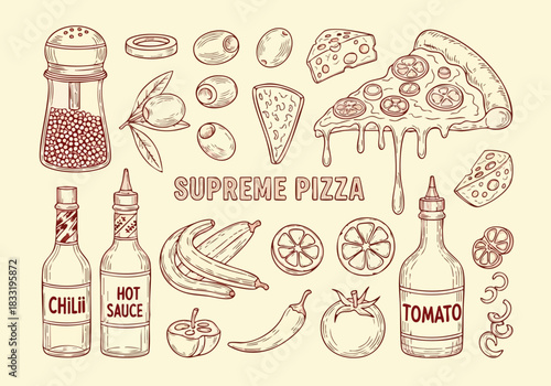 Hand-drawn illustration of supreme pizza ingredients and condiments on a light background for culinary design resources