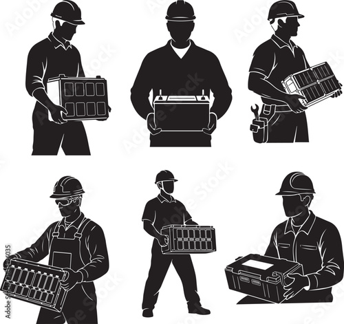 black vector silhouette of EV battery replacement worker holding battery pack, six different style workers with battery, Auto battery symbols isolated on white background,  clean & minimal design. 