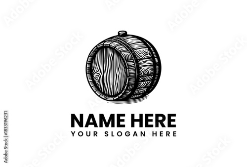Hand-drawn wooden barrel logo design, a vintage brewery cask vector illustration