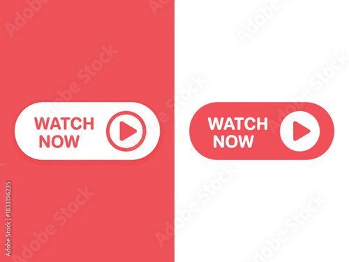 Two different styles of "Watch Now" buttons with a play icon are displayed on a split red and white background.