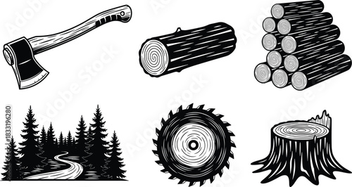 Wood cutting tools and forest icon set, axe, logs, lumber stack, pine trees, circular saw blade, tree stump silhouettes, outdoor nature symbols, vector pack.