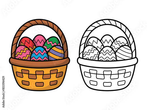 Two Easter baskets filled with colorful, decorated eggs, one colored and one for coloring.