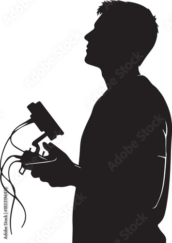 Pure black vector silhouette of a drone operator holding a remote controller, aerial photography, drone pilot silhouette,  clean & minimal vector design. 