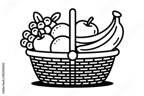 A black and white drawing of a basket filled with various kinds of fruit inside it