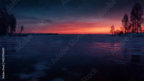 Frozen lake at sunset a scenic winter landscape with colorful sky perfect for travel and nature photography backgrounds