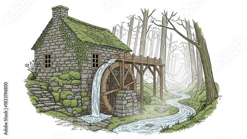Illustration of a stone watermill with a mossy roof next to a river in a forest landscape scene