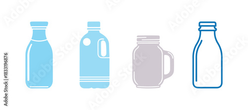 Icon of a bottle. Icon of a milk bottle. Line drawings of milk jars

