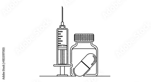 Medical Injections and Pills A Line Art Illustration.