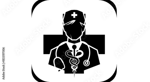 Medical Professional Icon with Stethoscope and Cross Symbol.