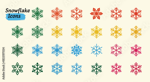 A vibrant collection of colorful snowflake icons presented on a light background for festive winter season design elements