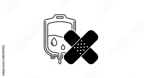 Medical Treatment IV Bag and Bandage Illustration.