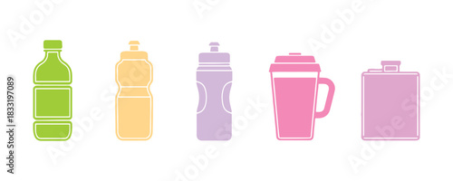Plastic water bottle collection against a white backdrop. Illustration of healthy agua bottles. Pure drink in a plastic bottle.


