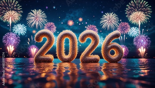 Sparkling 2026 numbers reflecting on water with fireworks in background