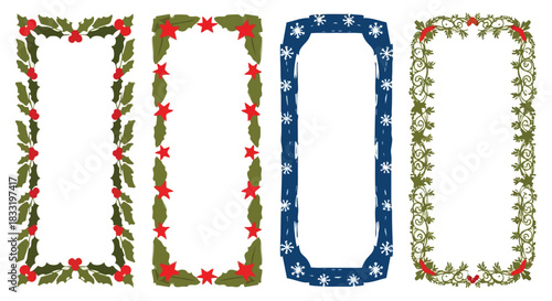 Festive holiday frames collection with various seasonal elements on a white background for digital design projects