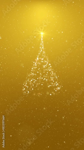 Christmas Tree Golden Vertical Loop. Christmas tree made of sparkles with yellow background and snowfall, vertical resolution, seamless loop.