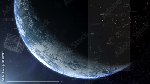 Earth with futuristic HUD scanning interface against a deep space starfield, creating a cinematic aerospace, surveillance, and sci-fi exploration atmosphere
