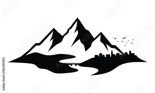 Silhouette of majestic mountains overlooking a cityscape and river