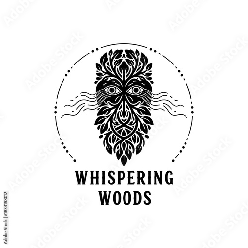 Whispering Woods mystical face made of leaves in a circular frame.